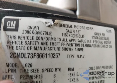 2006 Chevrolet Equinox Lt from USA, damaged, VIN 2CNDL73F866110257